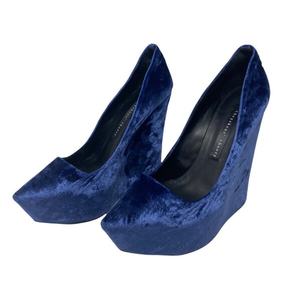 Theyskens Theory Blue Velvet Platform Heels Pumps Wedge Size US 7 NWOB Party - Picture 1 of 9